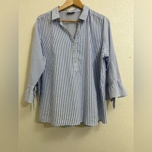 Yessica Blue and White Striped Blouse with Tie Sleeve Details